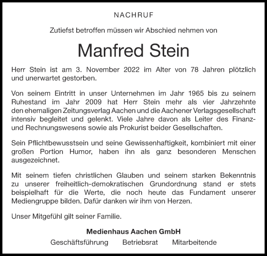 Traueranzeige von Manfred Stein von Zeitung am Sonntag