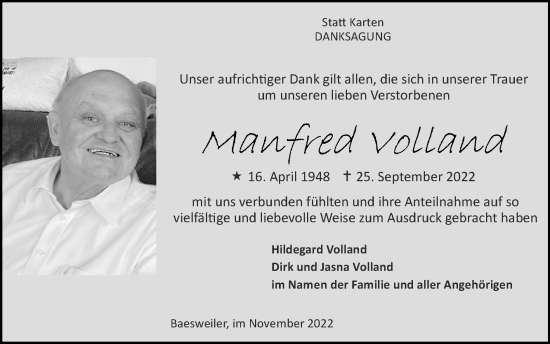 Traueranzeige von Manfred Volland von Zeitung am Sonntag