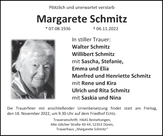 Traueranzeige von Margarete Schmitz von Zeitung am Sonntag