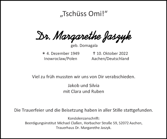 Traueranzeige von Margarethe Jaszyk von Zeitung am Sonntag