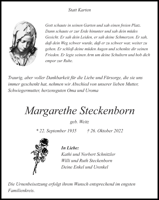 Traueranzeige von Margarethe Steckenborn von Zeitung am Sonntag