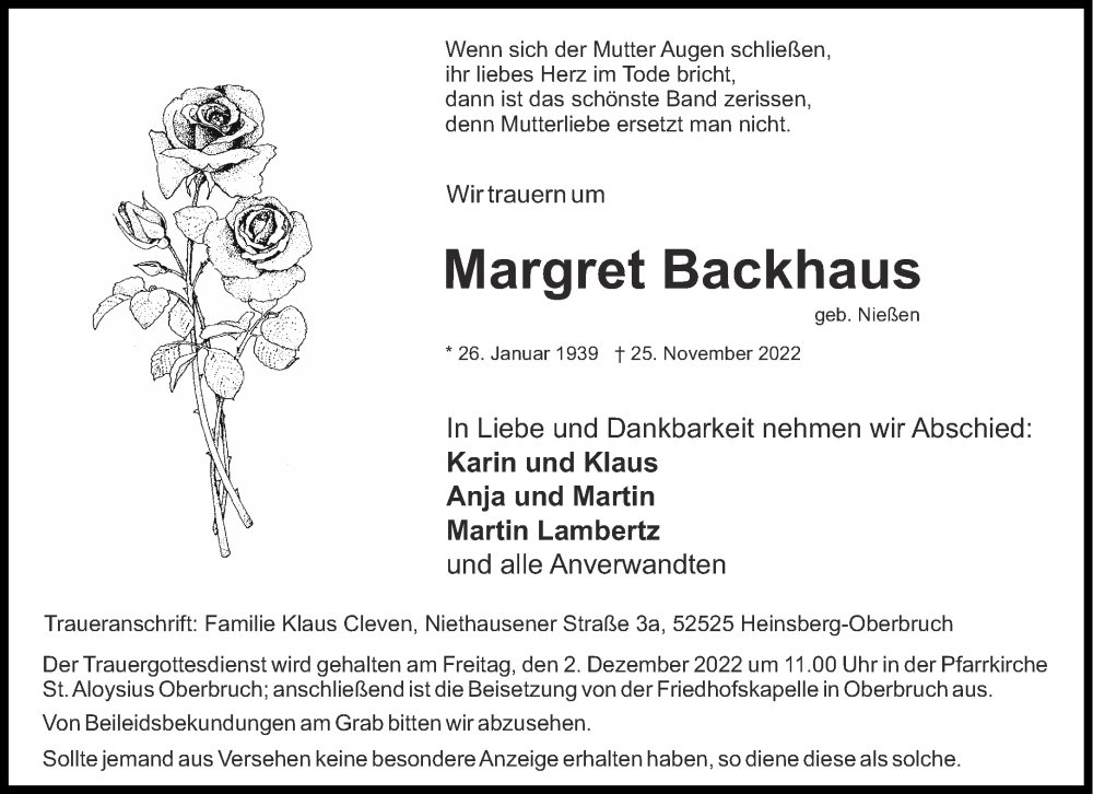  Traueranzeige für Margret Backhaus vom 29.11.2022 aus Aachener Zeitung / Aachener Nachrichten