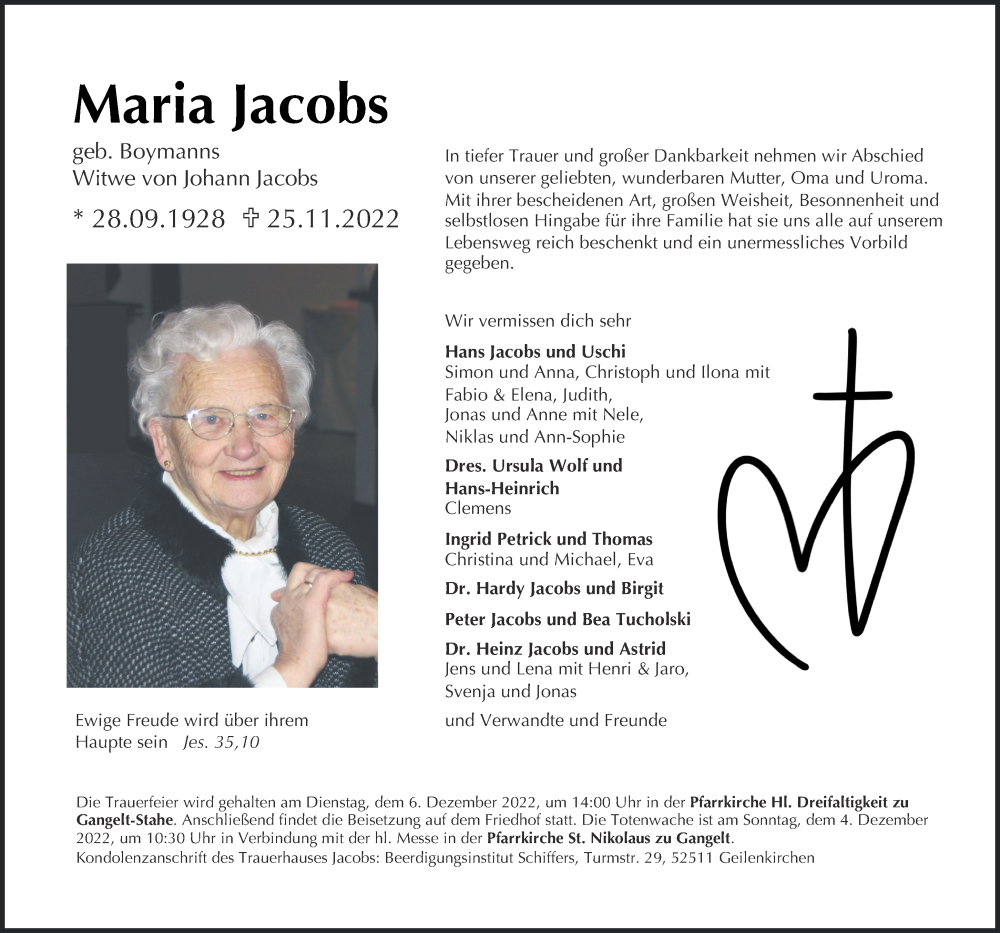  Traueranzeige für Maria Jacobs vom 01.12.2022 aus Aachener Zeitung / Aachener Nachrichten