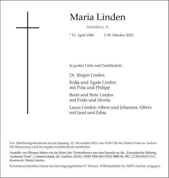 Traueranzeige von Maria Linden von Aachener Zeitung / Aachener Nachrichten