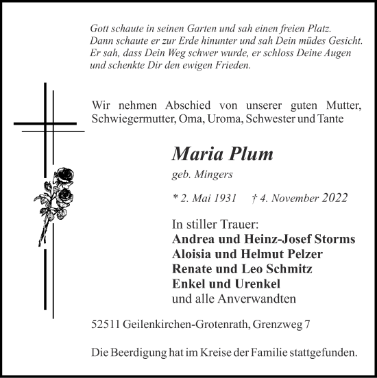 Traueranzeige von Maria Plum von Zeitung am Sonntag