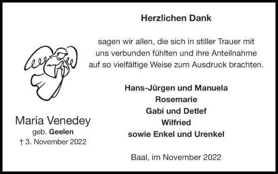 Traueranzeige von Maria Venedey von Zeitung am Sonntag
