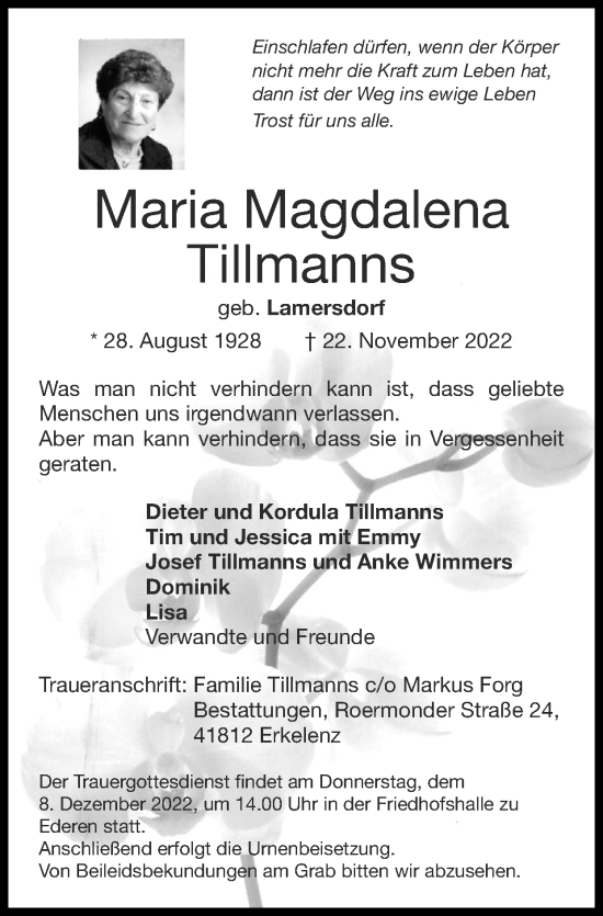 Traueranzeige von Maria Magdalena Tillmanns von Zeitung am Sonntag