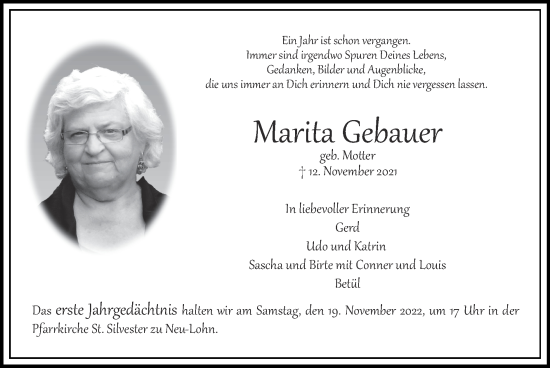 Traueranzeige von Marita Gebauer von Zeitung am Sonntag