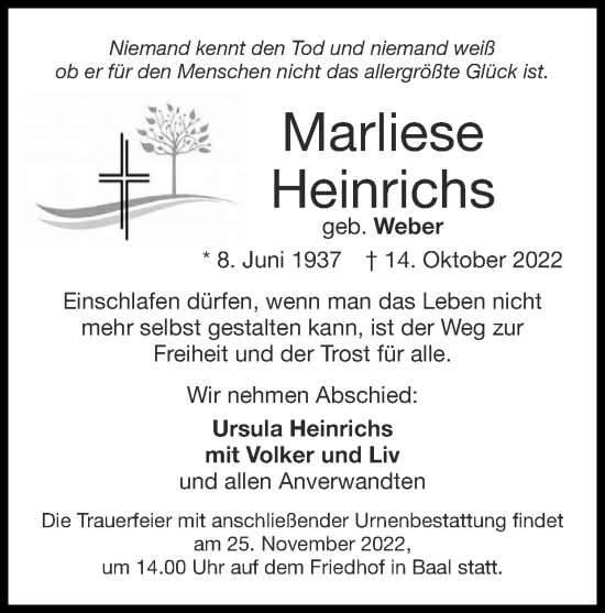Traueranzeige von Marliese Heinrichs von Zeitung am Sonntag