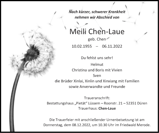 Traueranzeige von Meili Chen-Laue von Zeitung am Sonntag