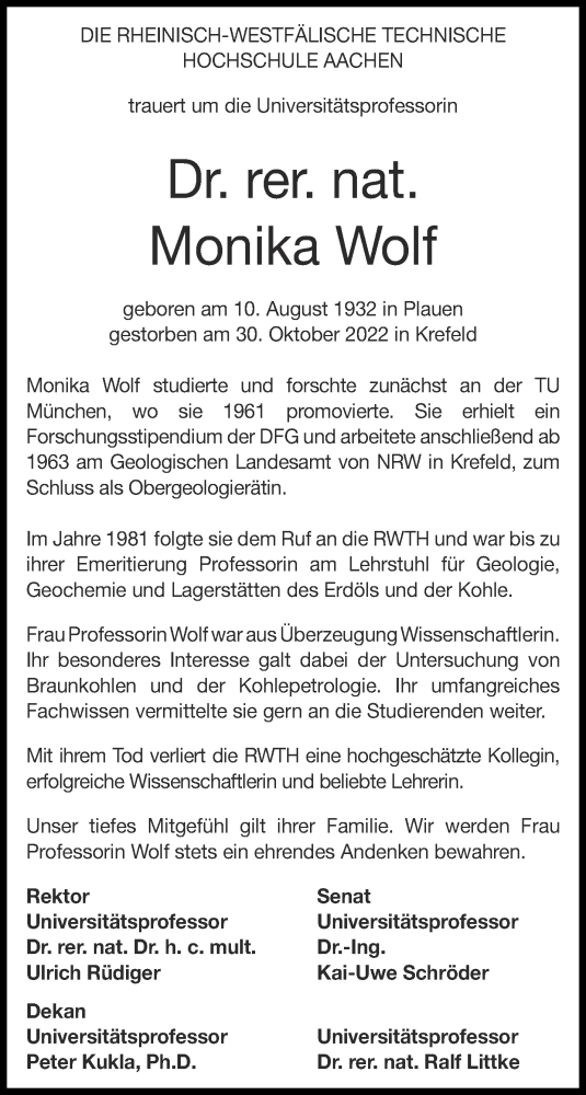 Traueranzeige von Monika Wolf von Aachener Zeitung / Aachener Nachrichten