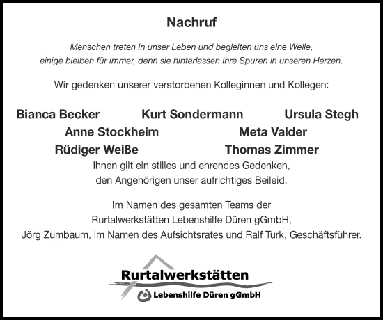 Traueranzeige von Nachruf Rurtalwerkstätten Lebenshilfe Düren gGmbH von Zeitung am Sonntag