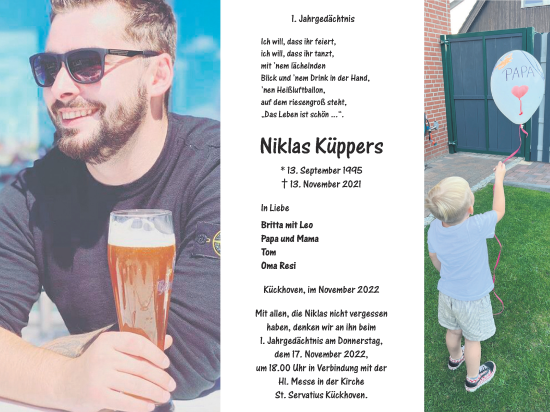 Traueranzeige von Niklas Küppers von Zeitung am Sonntag