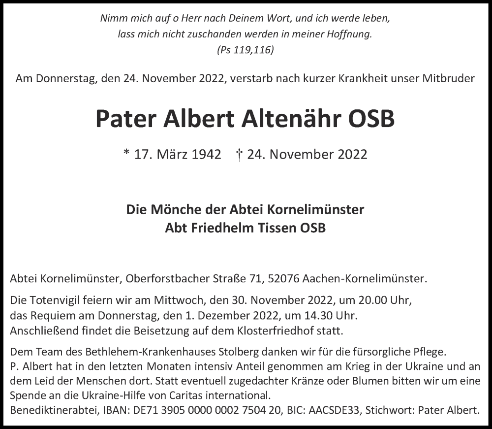  Traueranzeige für Pater Albert Altenähr vom 26.11.2022 aus Aachener Zeitung / Aachener Nachrichten