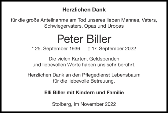 Traueranzeige von Peter Biller von Zeitung am Sonntag