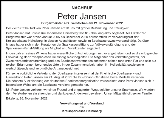 Traueranzeige von Peter Jansen von Aachener Zeitung / Aachener Nachrichten
