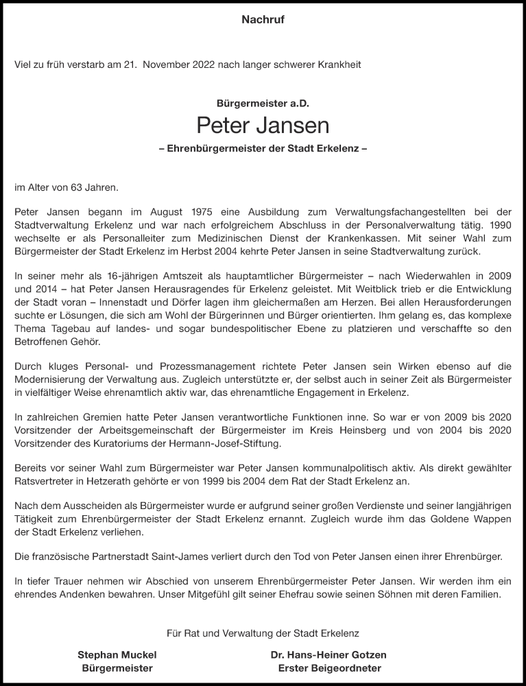  Traueranzeige für Peter Jansen vom 26.11.2022 aus Aachener Zeitung / Aachener Nachrichten