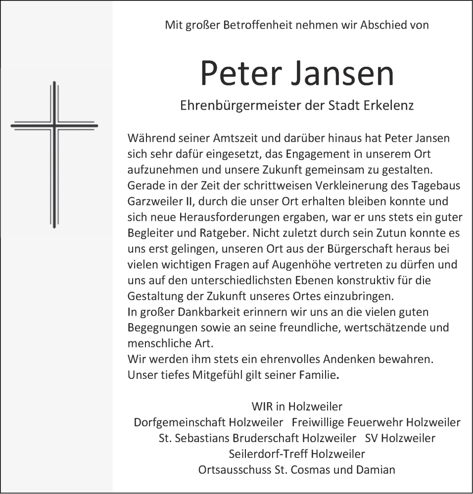  Traueranzeige für Peter Jansen vom 27.11.2022 aus Zeitung am Sonntag