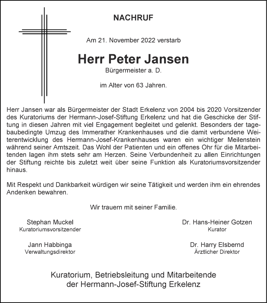  Traueranzeige für Peter Jansen vom 27.11.2022 aus Zeitung am Sonntag