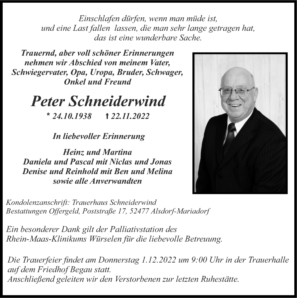  Traueranzeige für Peter Schneiderwind vom 27.11.2022 aus Zeitung am Sonntag
