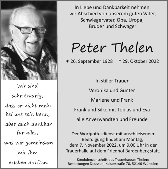 Traueranzeige von Peter Thelen von Zeitung am Sonntag