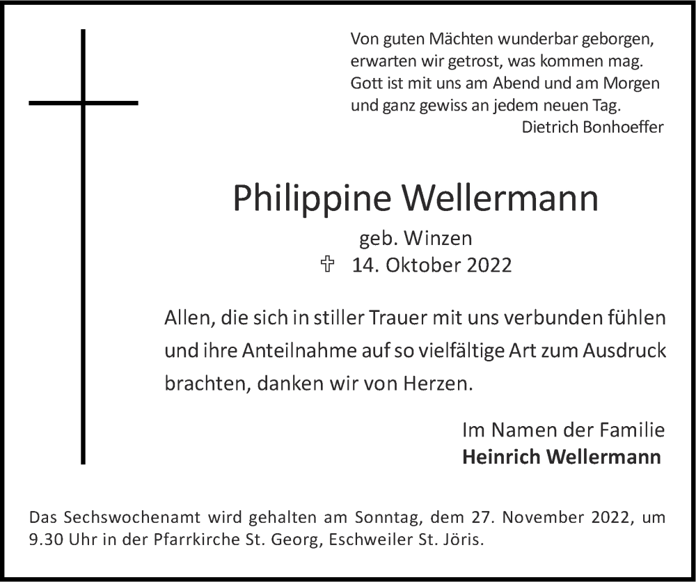  Traueranzeige für Philippine Wellermann vom 20.11.2022 aus Zeitung am Sonntag