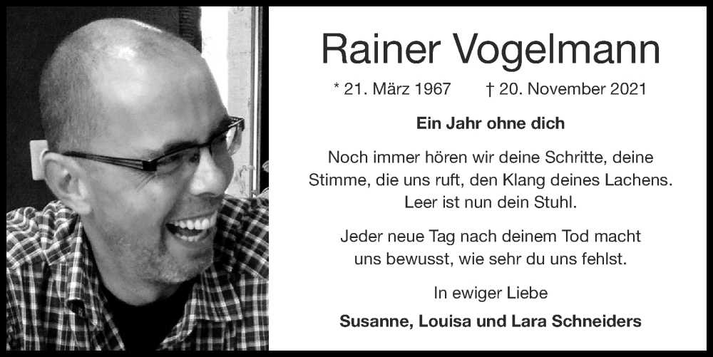  Traueranzeige für Rainer Vogelmann vom 20.11.2022 aus Zeitung am Sonntag