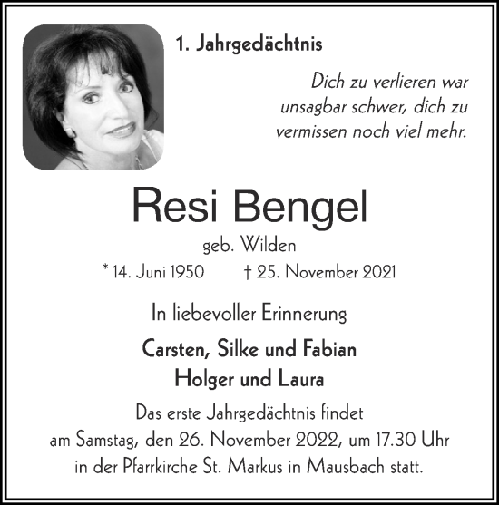 Traueranzeige von Resi Bengel von Zeitung am Sonntag