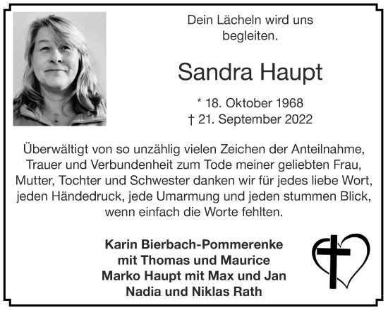 Traueranzeige von Sandra Haupt von Aachener Zeitung / Aachener Nachrichten