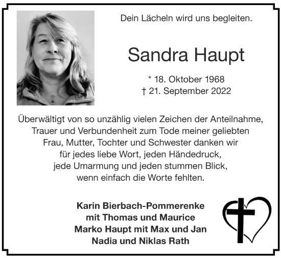 Traueranzeige von Sandra Haupt von Zeitung am Sonntag