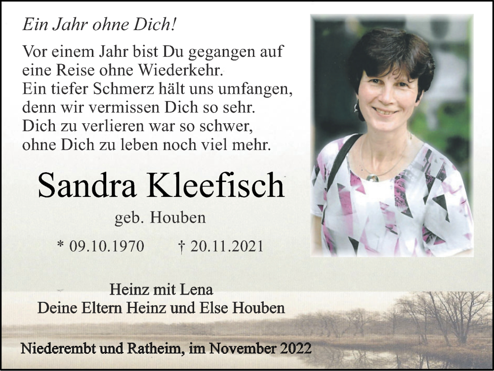  Traueranzeige für Sandra Kleefisch vom 20.11.2022 aus Zeitung am Sonntag