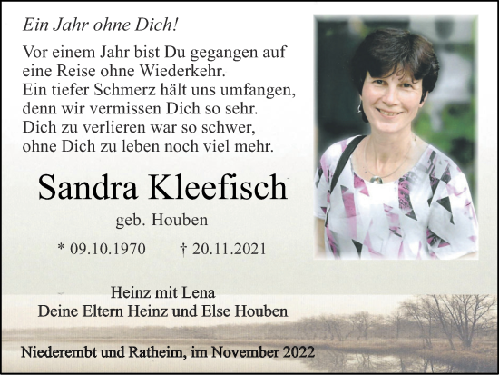 Traueranzeige von Sandra Kleefisch von Zeitung am Sonntag