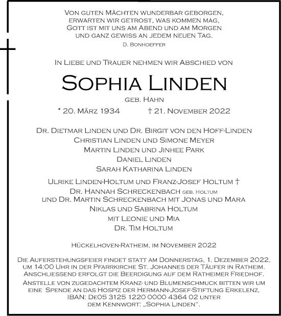 Traueranzeige von Sophia Linden von Zeitung am Sonntag