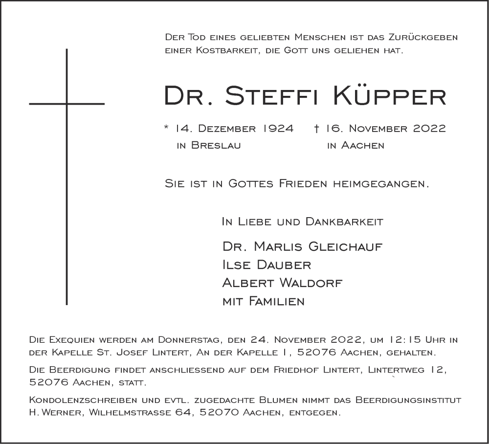  Traueranzeige für Steffi Küpper vom 19.11.2022 aus Aachener Zeitung / Aachener Nachrichten