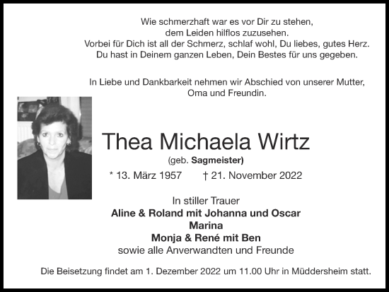 Traueranzeige von Thea Michaela Wirtz von Zeitung am Sonntag