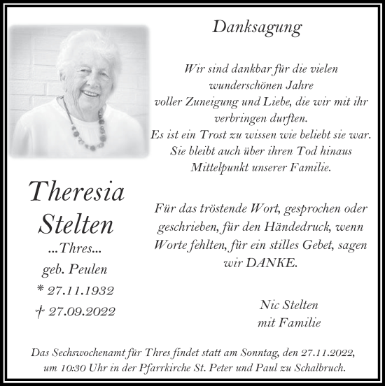 Traueranzeige von Theresia Stelten von Zeitung am Sonntag