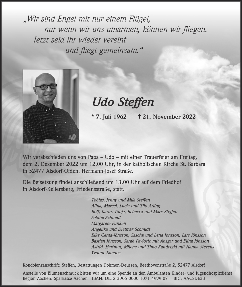 Traueranzeige für Udo Steffen vom 27.11.2022 aus Zeitung am Sonntag