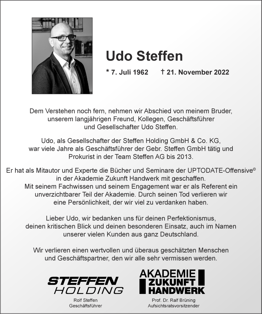  Traueranzeige für Udo Steffen vom 26.11.2022 aus Aachener Zeitung / Aachener Nachrichten
