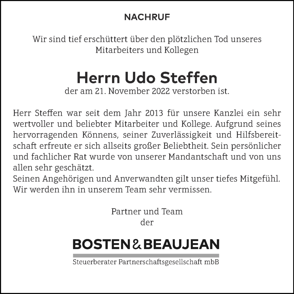  Traueranzeige für Udo Steffen vom 26.11.2022 aus Aachener Zeitung / Aachener Nachrichten