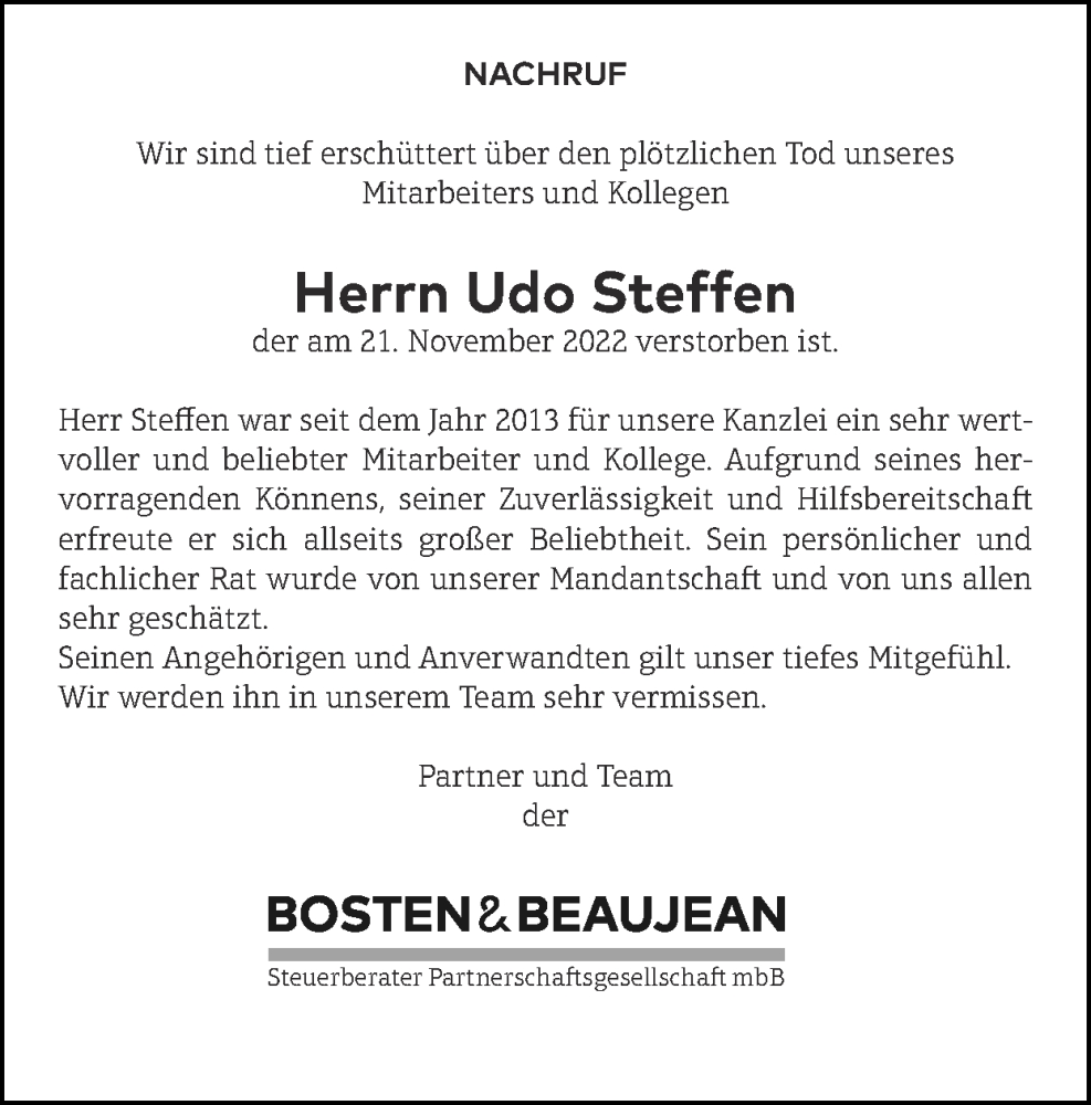  Traueranzeige für Udo Steffen vom 27.11.2022 aus Zeitung am Sonntag