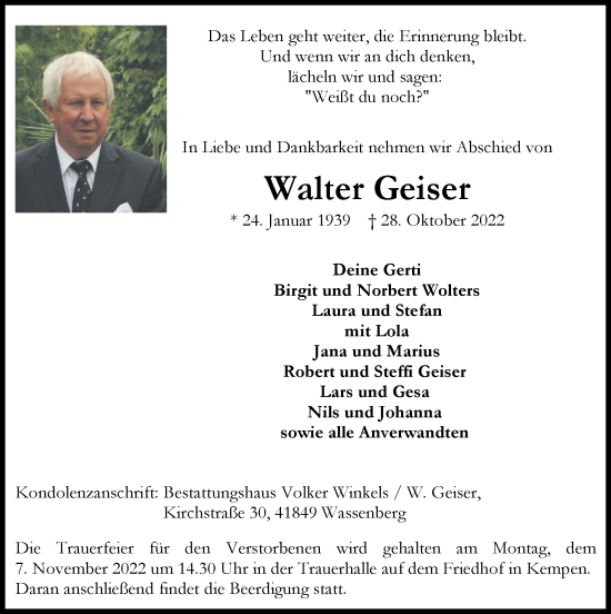 Traueranzeige von Walter Geiser von Zeitung am Sonntag