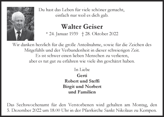 Traueranzeige von Walter Geiser von Zeitung am Sonntag