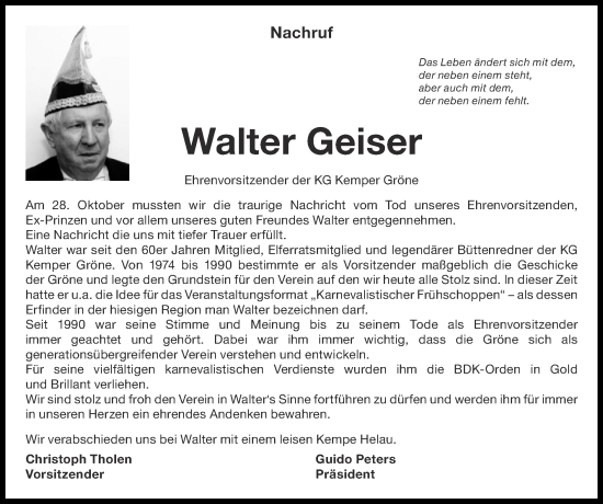 Traueranzeige von Walter Geiser von Zeitung am Sonntag