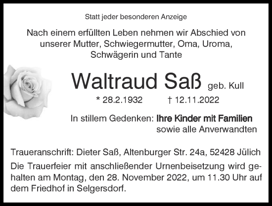 Traueranzeige von Waltraud Saß von Zeitung am Sonntag