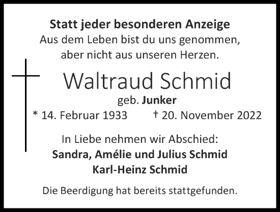Traueranzeige von Waltraud Schmid von Zeitung am Sonntag