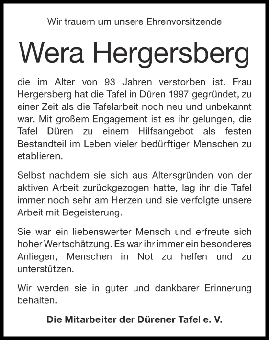 Traueranzeige von Wera Hergersberg von Zeitung am Sonntag