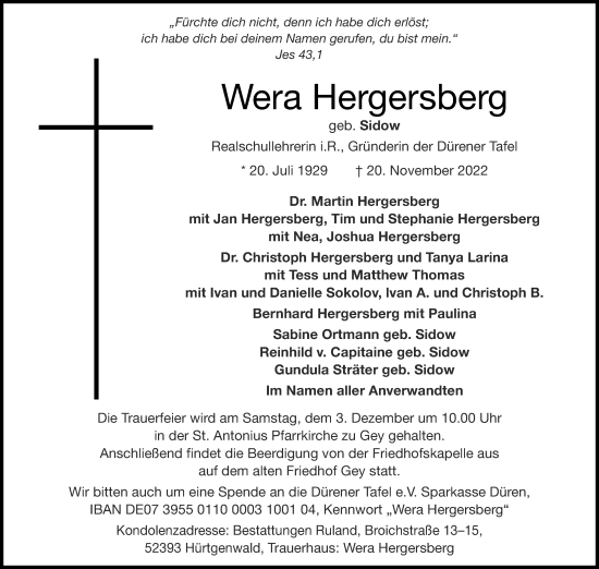 Traueranzeige von Wera Hergersberg von Aachener Zeitung / Aachener Nachrichten
