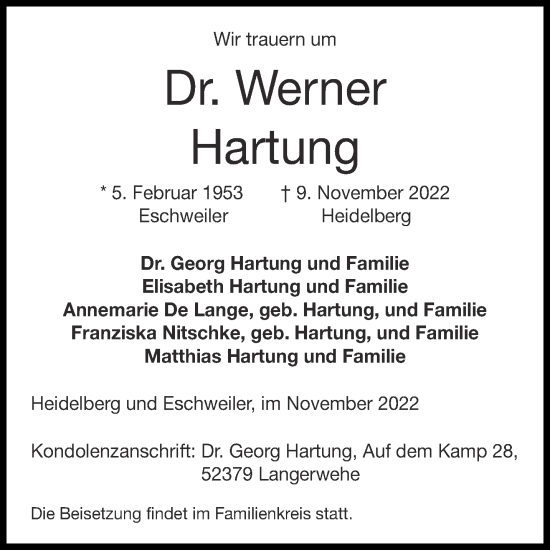 Traueranzeige von Werner Hartung von Aachener Zeitung / Aachener Nachrichten