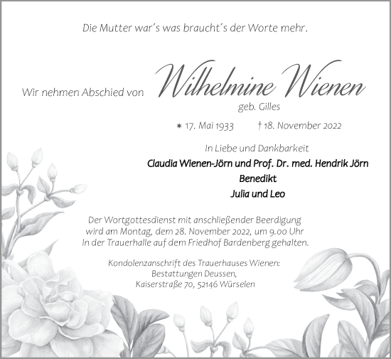 Traueranzeige von Wilhelmine Wienen von Zeitung am Sonntag