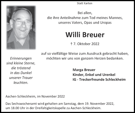 Traueranzeige von Willi Breuer von Zeitung am Sonntag
